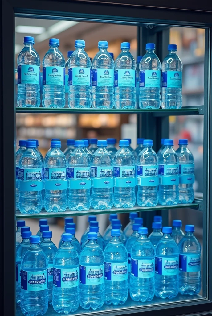 Create an image of a commercial window of a store that sells bottled water