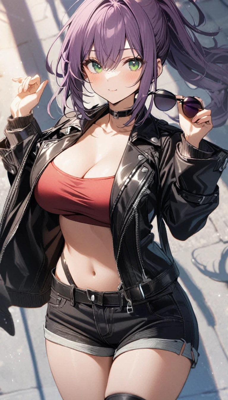 1girl,purple ponytail hair,green eyes,large breasts,black leather jacket	,holding sunglass