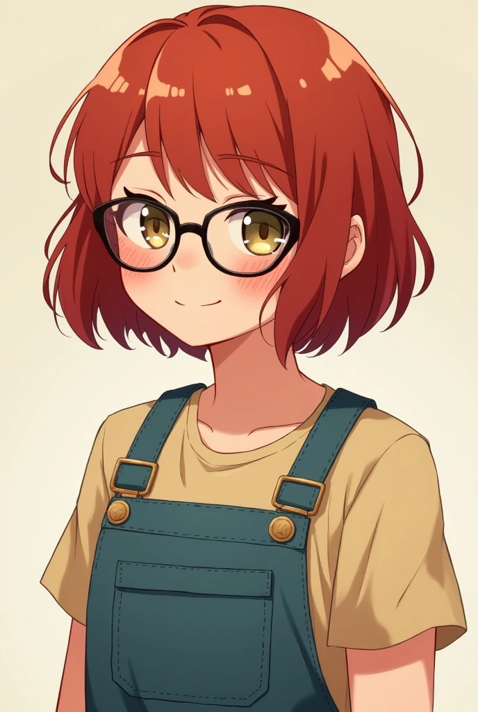 1 girl, short red hair, glasses, freckles, overalls, smiling,