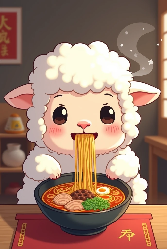 Cartoon of a lamb eating ramen