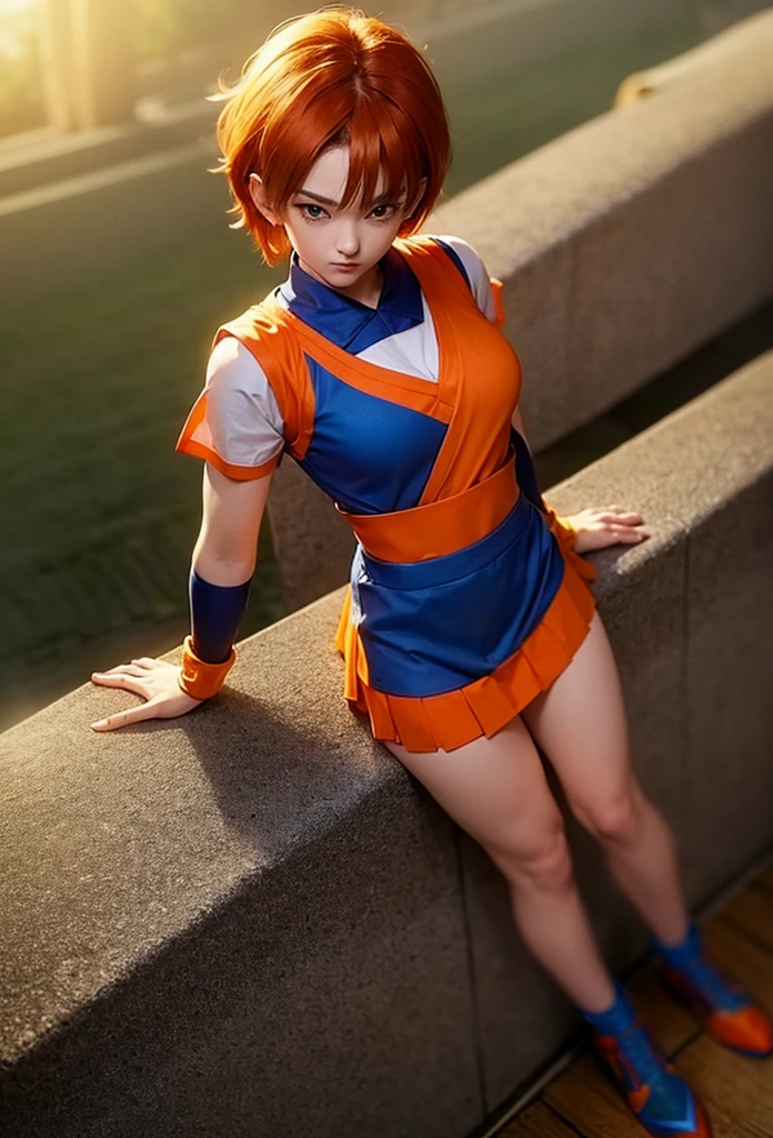 Masterpiece,Solo,One Girl,Pan,(Dragon Ball GT),Perfect Body,Ultra High Quality,Ultra High Resolution,Ultra Detailed,Photograph 8K,Theme School Girl,School Girl Short Sleeve Suit,Short Skirt,Beautiful,Beautiful Girl,Short Hair,Classroom Background,Orange Bandana Hair