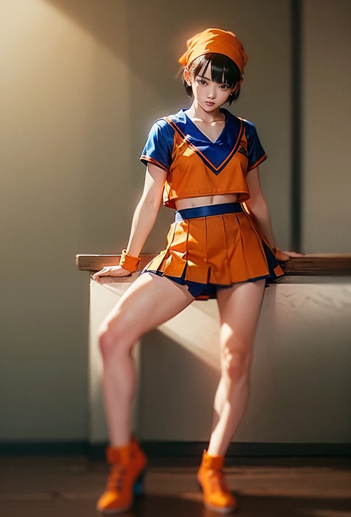 Masterpiece,Solo,One Girl,Pan,(Dragon Ball GT),Perfect Body,Ultra High Quality,Ultra High Resolution,Ultra Detailed,Photograph 8K,Theme School Girl,School Girl Short Sleeve Suit,Short Skirt,Beautiful,Beautiful Girl,Short Hair,Classroom Background,Orange Bandana Hair