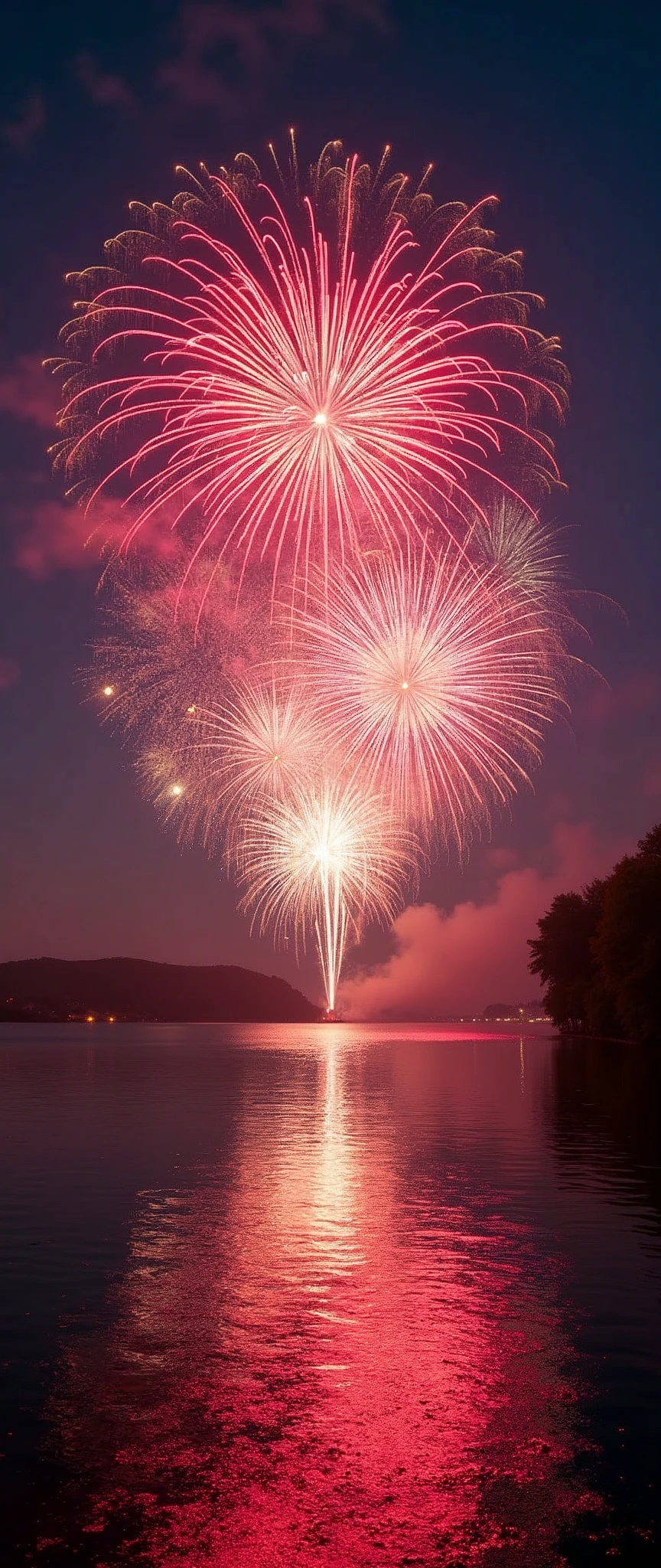 (masterpiece:1.2),(Highest quality),(Super detailed),(Ultra-high resolution),(Photorealistic),(RAW Photos),8k,wallpaper,Spectacular landscape photography,Japan,Big Fireworks Festival,(Fireworks fill the night sky:2.0,Fireworks reflected on the lake:2.0),beautiful Fireworks,(Mr.々Colorful fireworks:2.0),(Beautiful night sky),(dynamic)