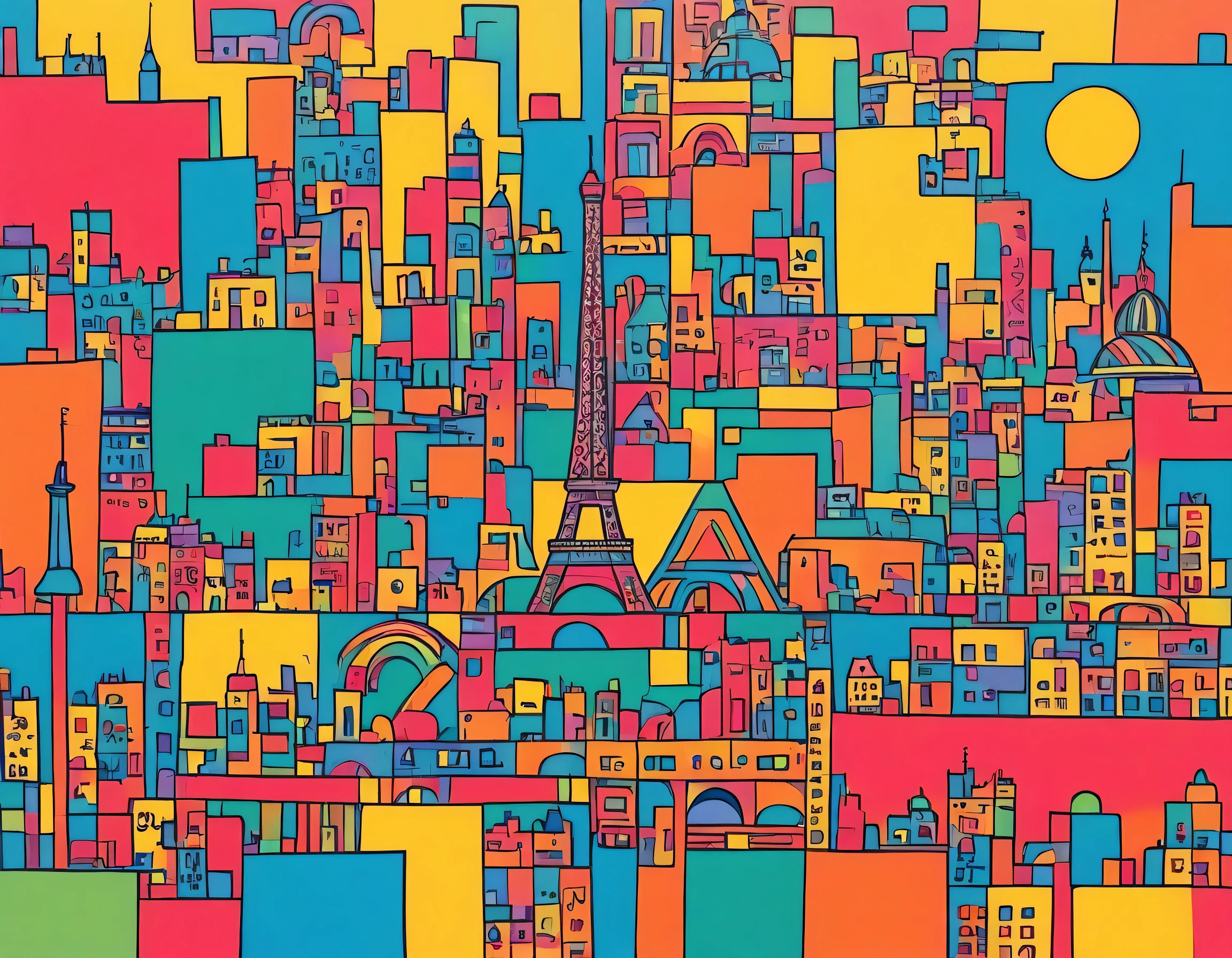 Keith Haring colorful style, Simple Line Initialism,Abstract art,(((Paris cityscape))), (((No people)))