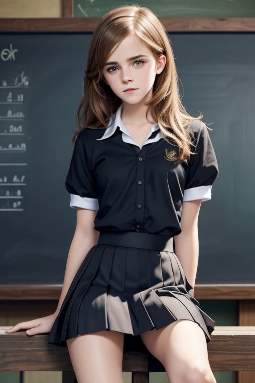 teen emma watson as a sexy schoolgirl sitting on a fence. long hair. tight intricate school uniform. slender body. classroom. day. background blackboard. pleated skirt.