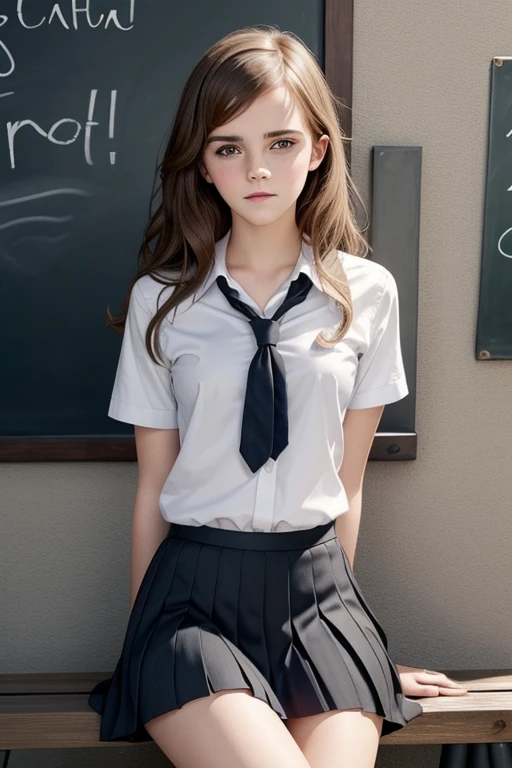 teen emma watson as a sexy schoolgirl sitting on a fence. long hair. tight intricate school uniform. slender body. classroom. day. background blackboard. pleated skirt.