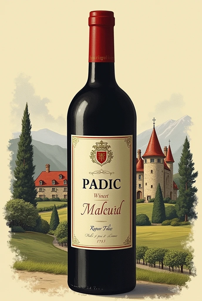 PADIC WINE LABEL, mansion, HILLS AND A LETTER P 