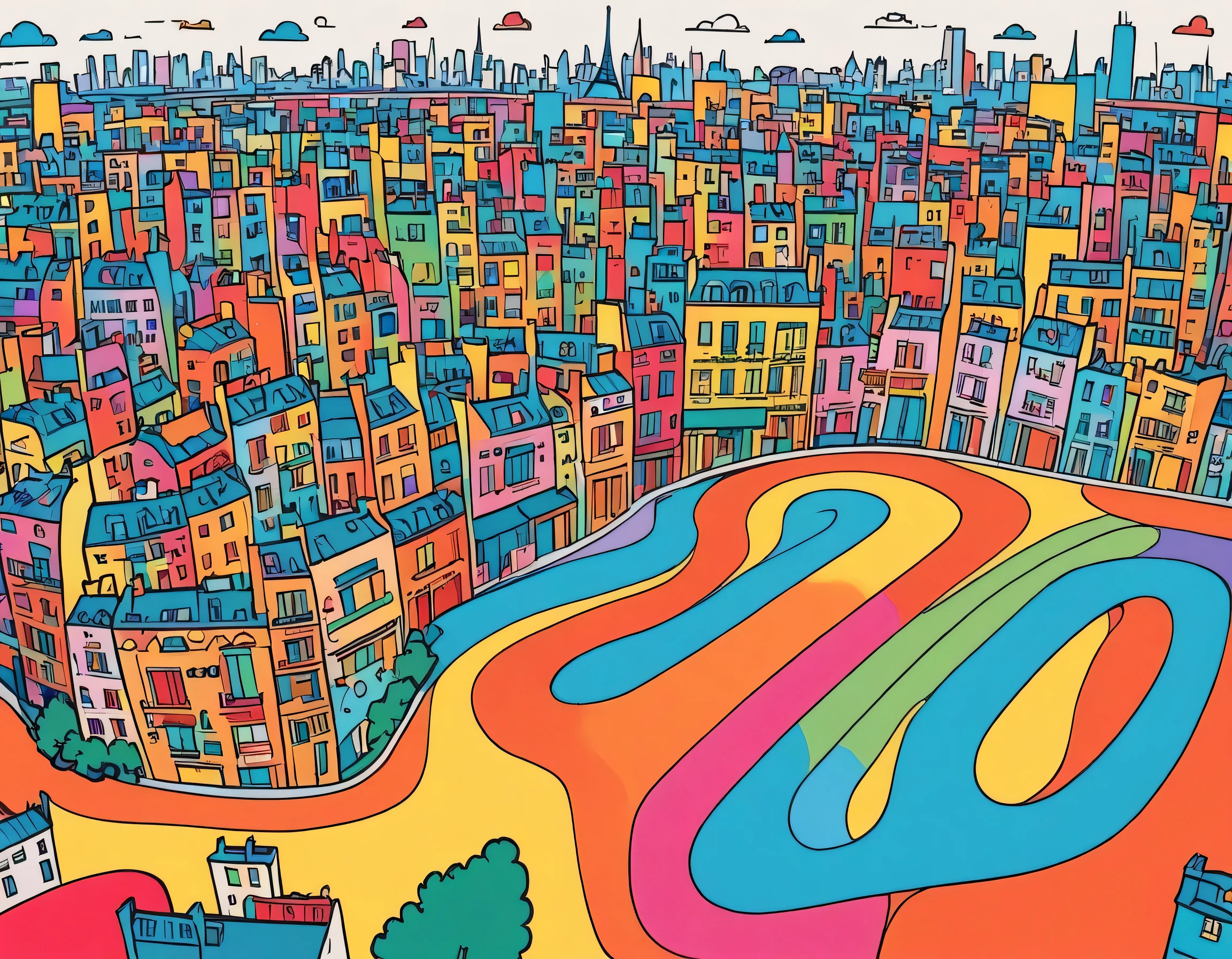 Keith Haring colorful style, Simple Line Initialism,Abstract art,(((Paris cityscape))), (((No people)))