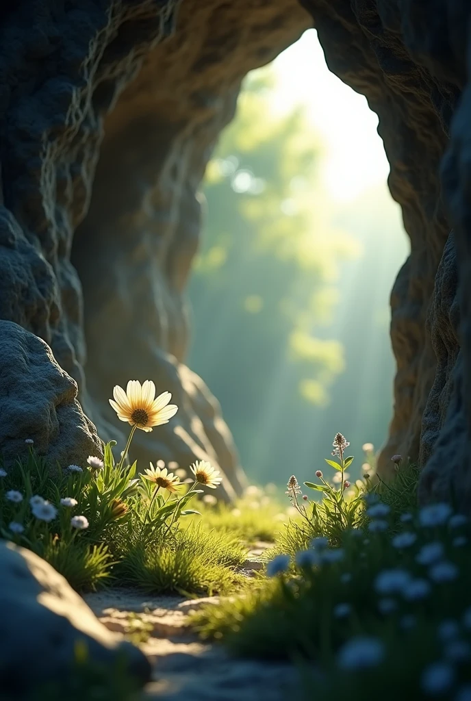 A ray of sunlight shines on the cave, illuminating some wildflowers and grass within it. There is an opening at one end that leads to another world outside. In the middle of the picture there is a small flower depicted in an isometric view with volumetric light and a sense of depth of field and cinematic lighting