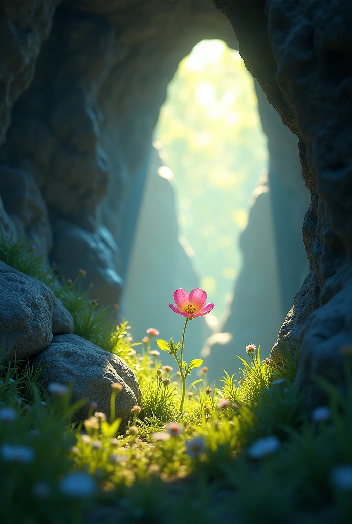 A ray of sunlight shines on the cave, illuminating some wildflowers and grass within it. There is an opening at one end that leads to another world outside. In the middle of the picture there is a small flower depicted in an isometric view with volumetric light and a sense of depth of field and cinematic lighting