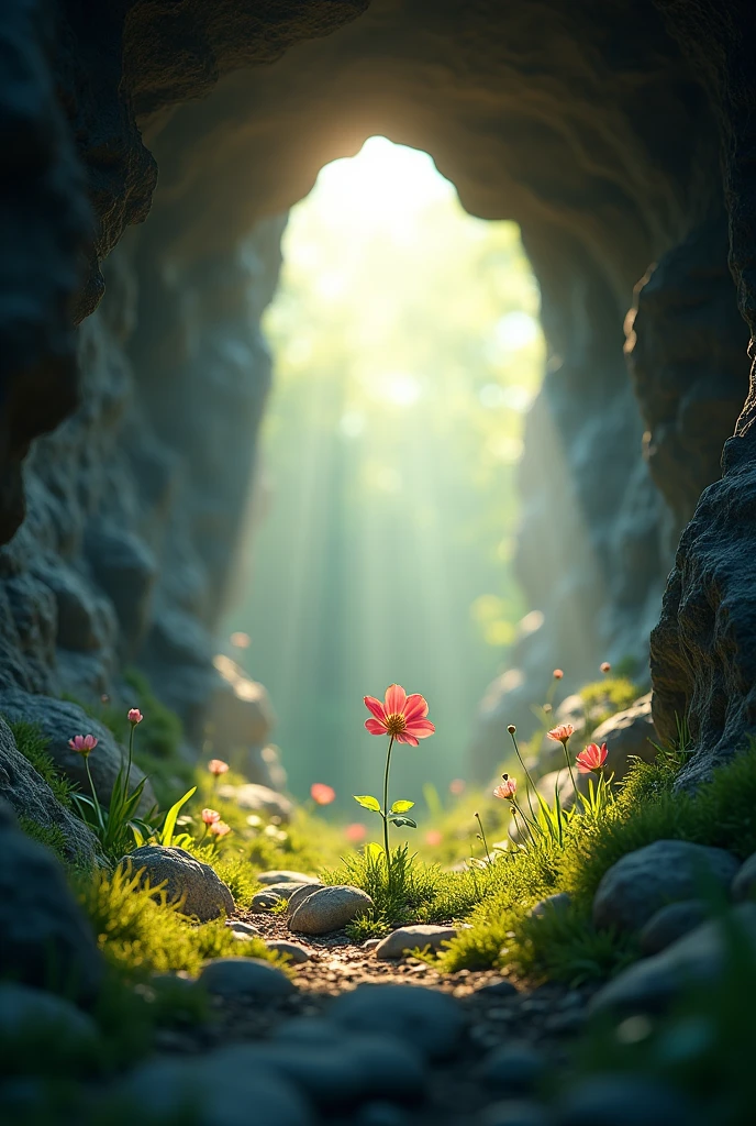 A ray of sunlight shines on the cave, illuminating some wildflowers and grass within it. There is an opening at one end that leads to another world outside. In the middle of the picture there is a small flower depicted in an isometric view with volumetric light and a sense of depth of field and cinematic lighting