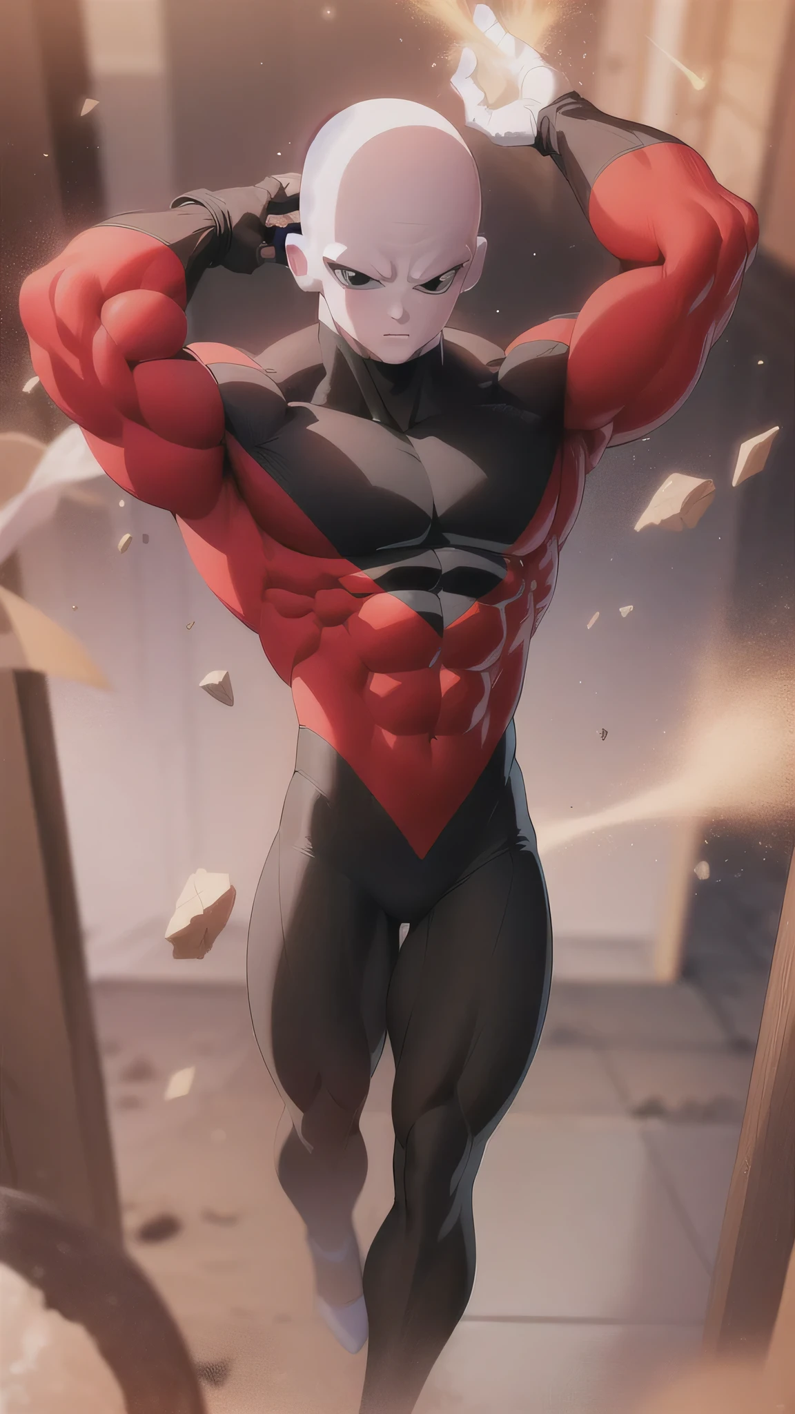 ((masterpiece, best quality)),(complex lighting),solo,1boy, full body, jiren,white gloves,black eyes,bodysuit,muscular,bald light particles,