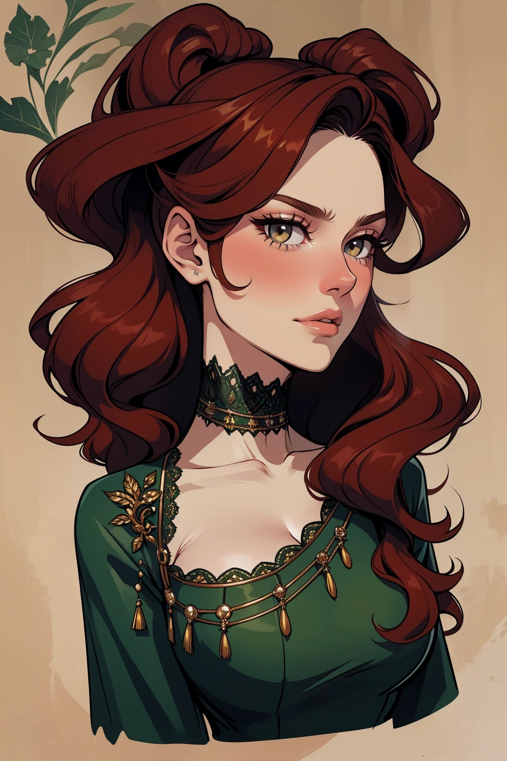 {-erro_de_anatomia:1.0} woman 40 years old, victorian era, queen clothes, (green dress), dark castle, a woman (alicent hightower), meddium dark red hair (dark red hair), (brown eyes) . Indifferent look , merciless. among the dragons, dinamic poses, egoist smile, upper body