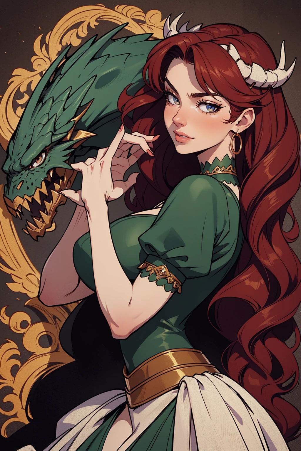 {-erro_de_anatomia:1.0} woman 40 years old, victorian era, queen clothes, (green dress), dark castle, a woman (alicent hightower), meddium dark red hair (dark red hair), (brown eyes) . Indifferent look , merciless. among the dragons, dinamic poses, egoist smile, upper body