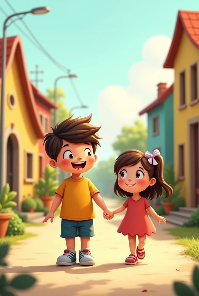 A fat and tall boy walking with a thin and small girl by holding hands cartoon drawing