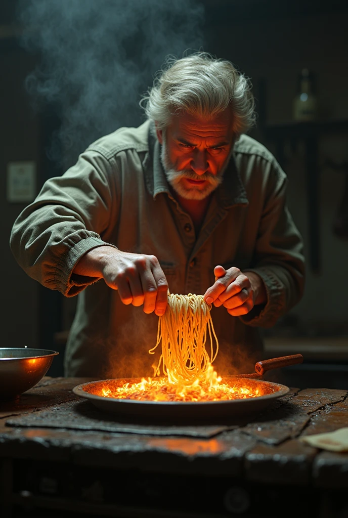 A guy putting a hardened noodle inside a boiling stove