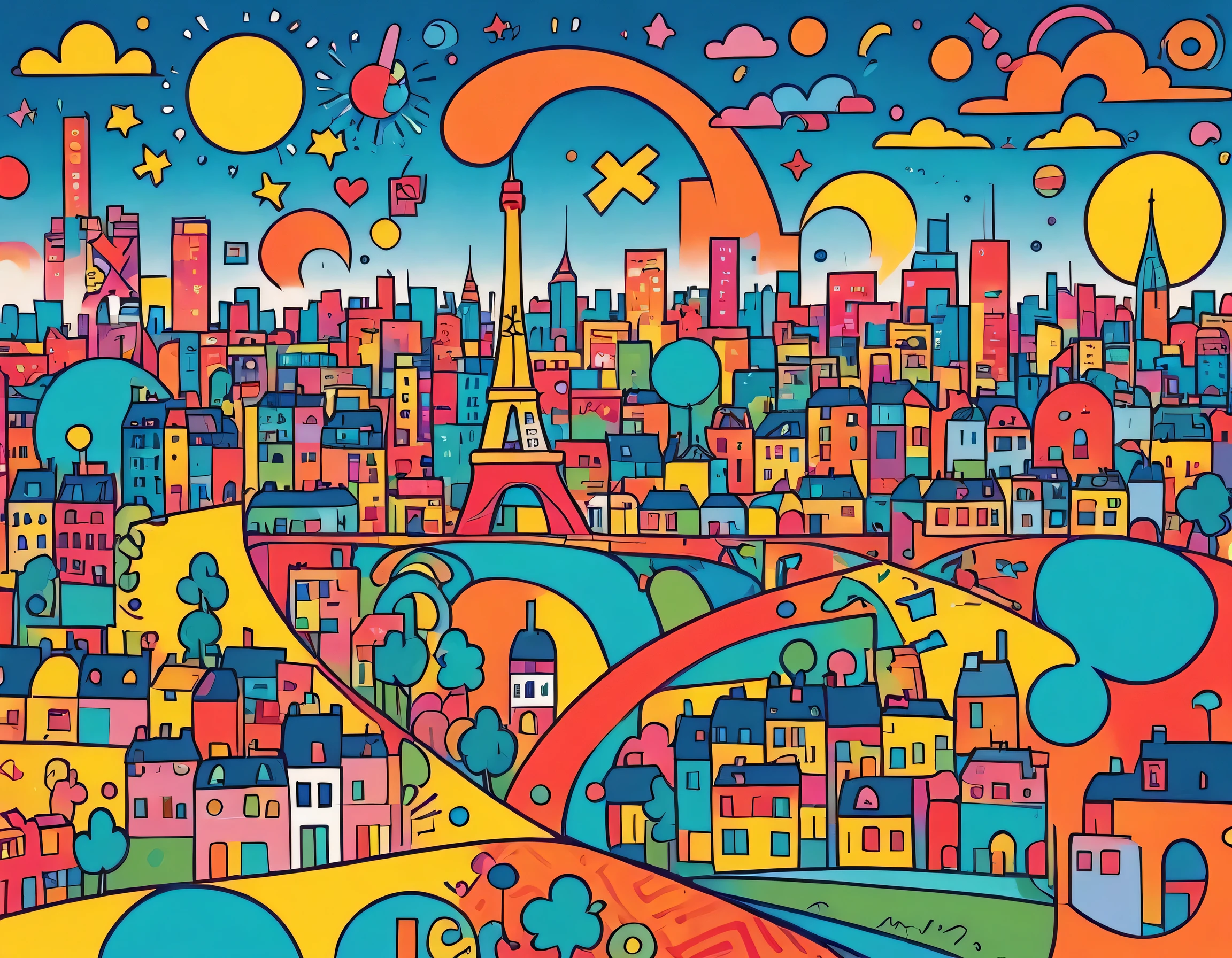 Keith Haring colorful style, Simple Line Initialism,Abstract art,(((Paris cityscape))), (((No people)))