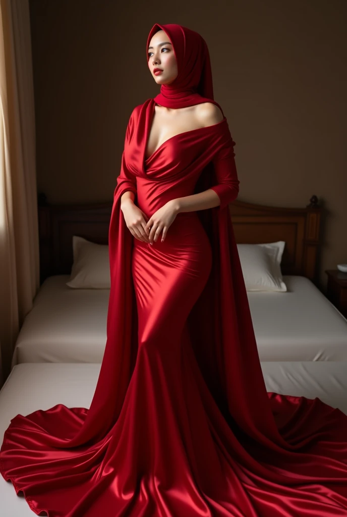 A woman shrouded in a 4-meter-long soft and shine satin fabric, plush red satin cloth, tightly bound and grandly draping along the form of her body, flowing off into a pooled floor-length train, tied tight in shibari style with jawelry, styled in a mermaid-inspired outfit, her head modestly veiled in a satin hijab, in hotel bed room, a full-body pose conveying a sense of mysterious elegance, captured in a 4k resolution, ultra-realistic