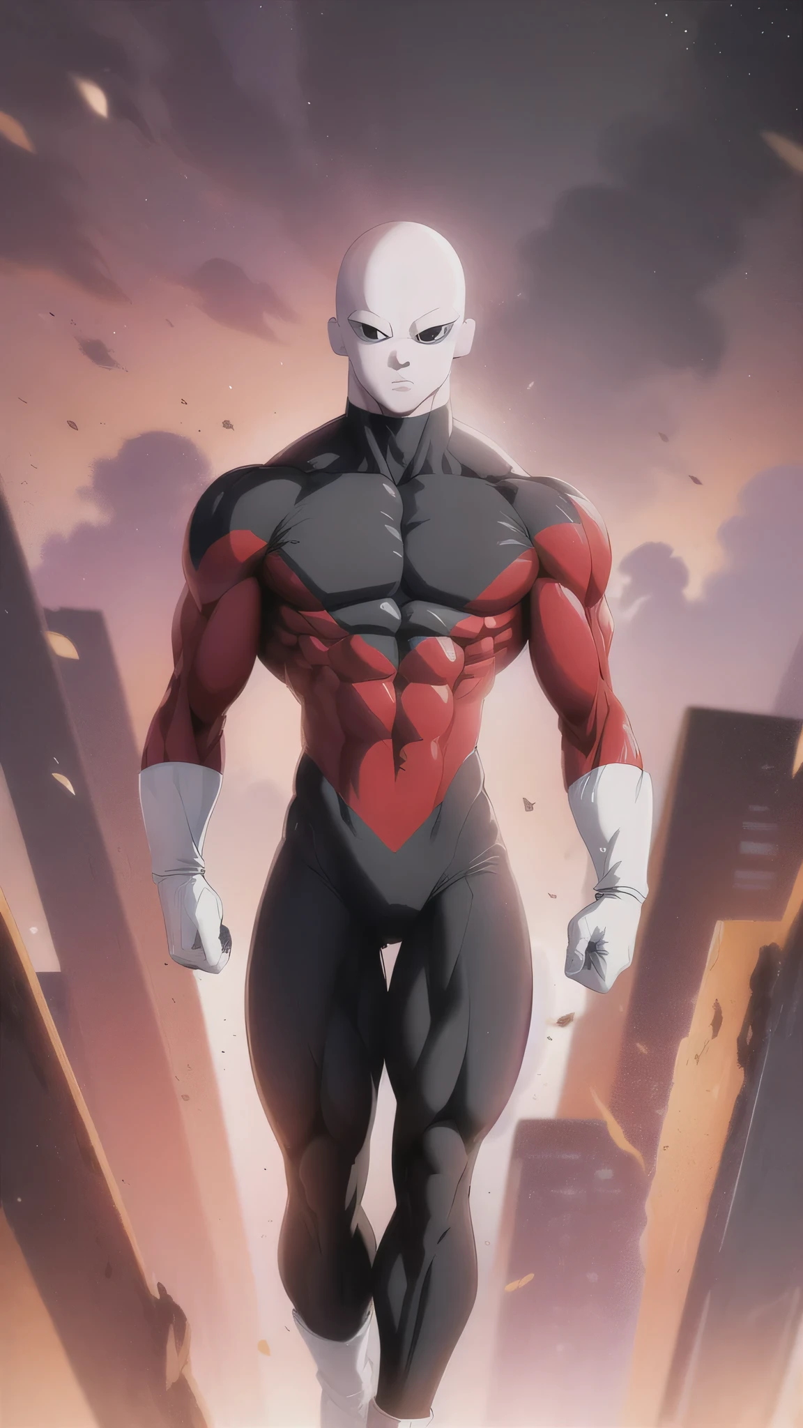 ((masterpiece, best quality)),(complex lighting),solo,1boy, full body, jiren,white gloves,black eyes,bodysuit,muscular,bald light particles,