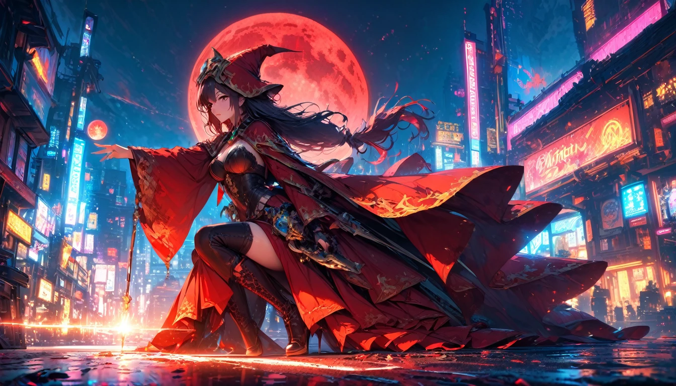 Red Necromancer, Blood Moon, Light线追踪, masterpiece, best quality, Ultra-high quality, Ridiculous details, best Light, Best shadow, sharp, sharp image, detailed, extremely detailed, high resolution, 8K, 4K, Ultra HD, Particle Effects, Beautiful Effects, Bright colors, neon Light, neon, Light,