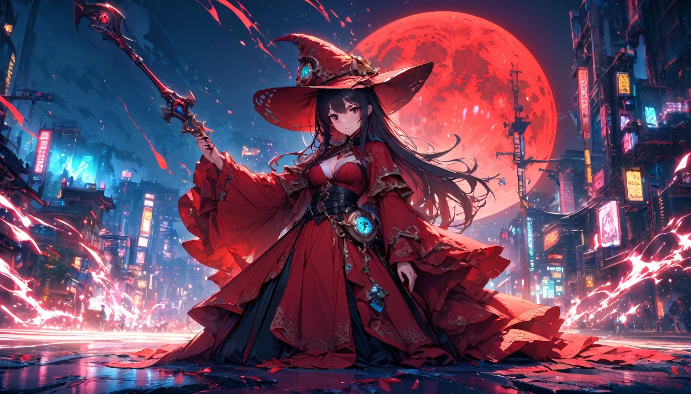 Red Necromancer, Blood Moon, Light线追踪, masterpiece, best quality, Ultra-high quality, Ridiculous details, best Light, Best shadow, sharp, sharp image, detailed, extremely detailed, high resolution, 8K, 4K, Ultra HD, Particle Effects, Beautiful Effects, Bright colors, neon Light, neon, Light,