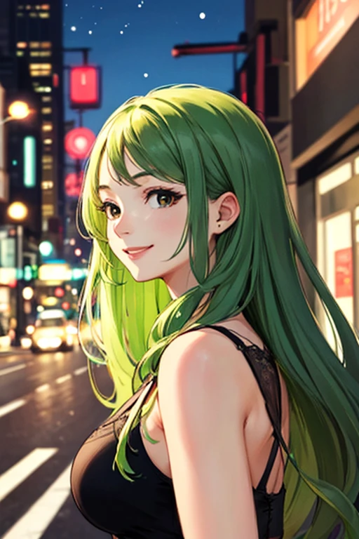 ((masterpiece)), (((best quality))), chromatic lighting,
colorized, green + white limited color palette, 
detailed concept drawing,
Shibuya street Fashion, Along a highway , night,
portrait, 20yo 1girl, medium soft breasts, slender, long green hair, black eyes, smiling