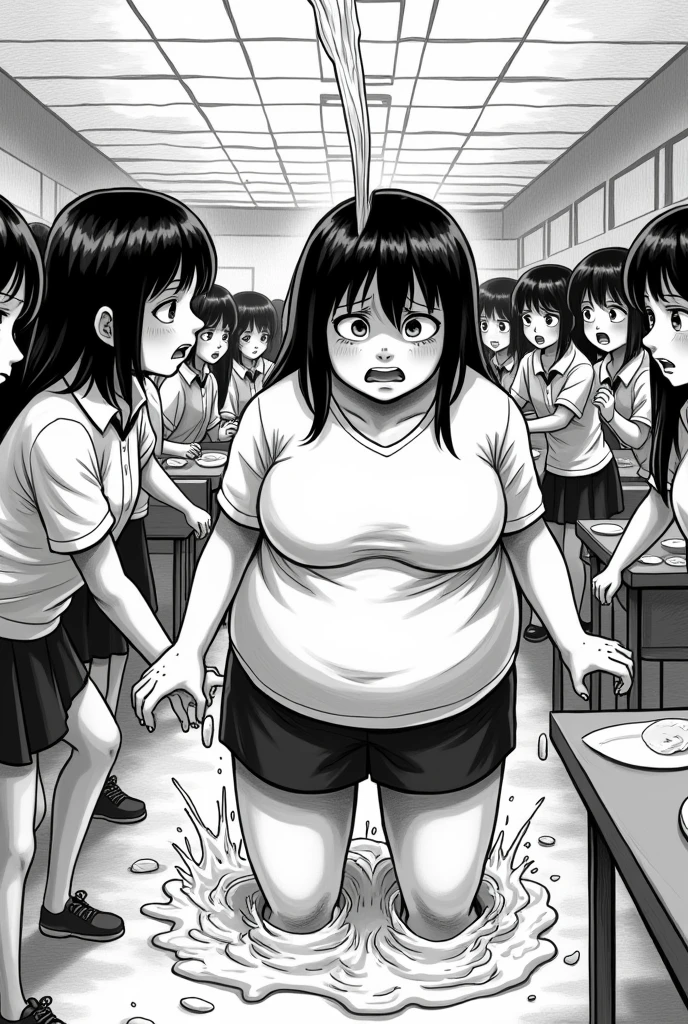 Drawing a black and white manga in a school cafeteria where a fat girl is bullied by her female friends and water is thrown on her head.