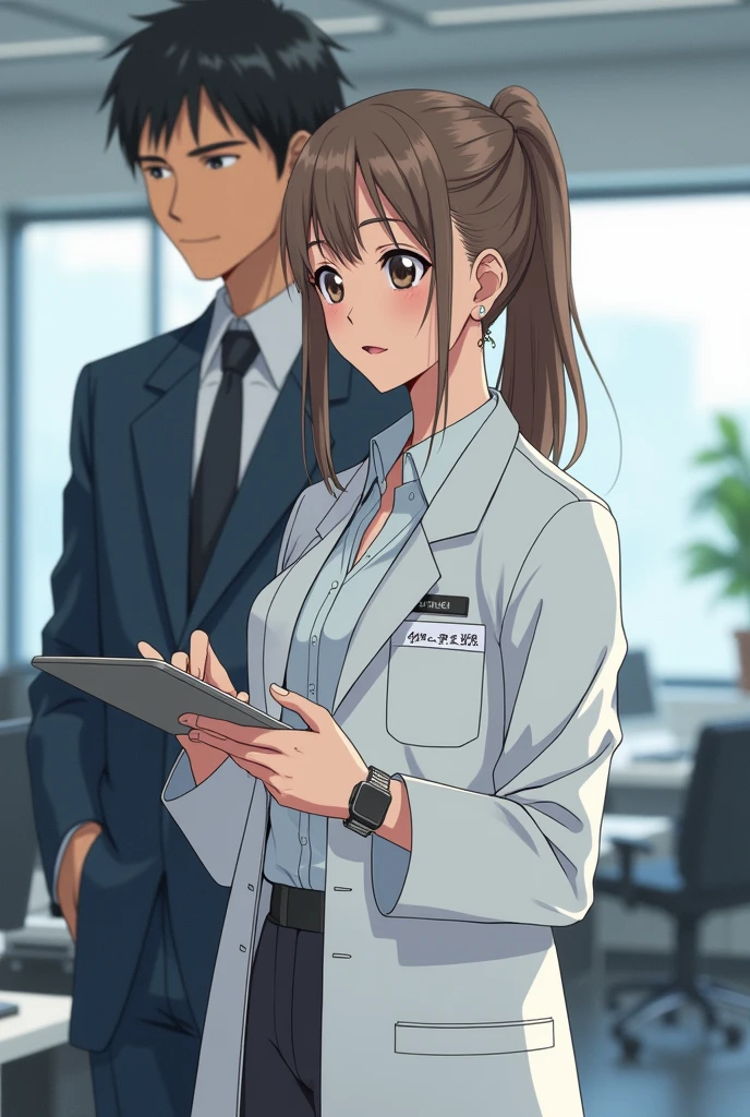 Suzue Daisuke, a young and woman with a slender build, standing slightly to the side and behind Daisuke Kambe, a taller and more commanding figure. She has straight, medium-length light brown hair pulled back into a neat ponytail with a soft part in her bangs that gently frame her face. Suzue's fair complexion contrasts with her large, expressive brown eyes, which convey a sense of calmness and approachability. She is dressed in a stylish yet practical ensemble consisting of a crisp white lab coat that falls just above her knees, unbuttoned to reveal a simple yet elegant blouse and a knee-length skirt. The lab coat is adorned with a few pens and a name tag, hinting at her professional role. She has a pair of minimalistic earrings and a sleek watch that complement her outfit without overpowering it. In one hand, she holds a tablet, her fingers deftly typing away at the screen, showcasing her technological proficiency. The background is a blend of modern office and high-tech laboratory elements, suggesting a workplace setting where innovation and efficiency are paramount. Her posture is poised yet relaxed, reflecting her confidence and readiness to assist. The lighting is bright and clean, casting a soft glow on both Suzue and the advanced gadgets scattered across a nearby desk, which subtly underscores the importance of her supportive role in the shadow of her more renowned relative.