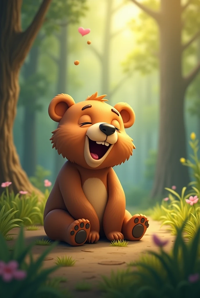 Animated cute baby bear laughing and sleeping in the forest