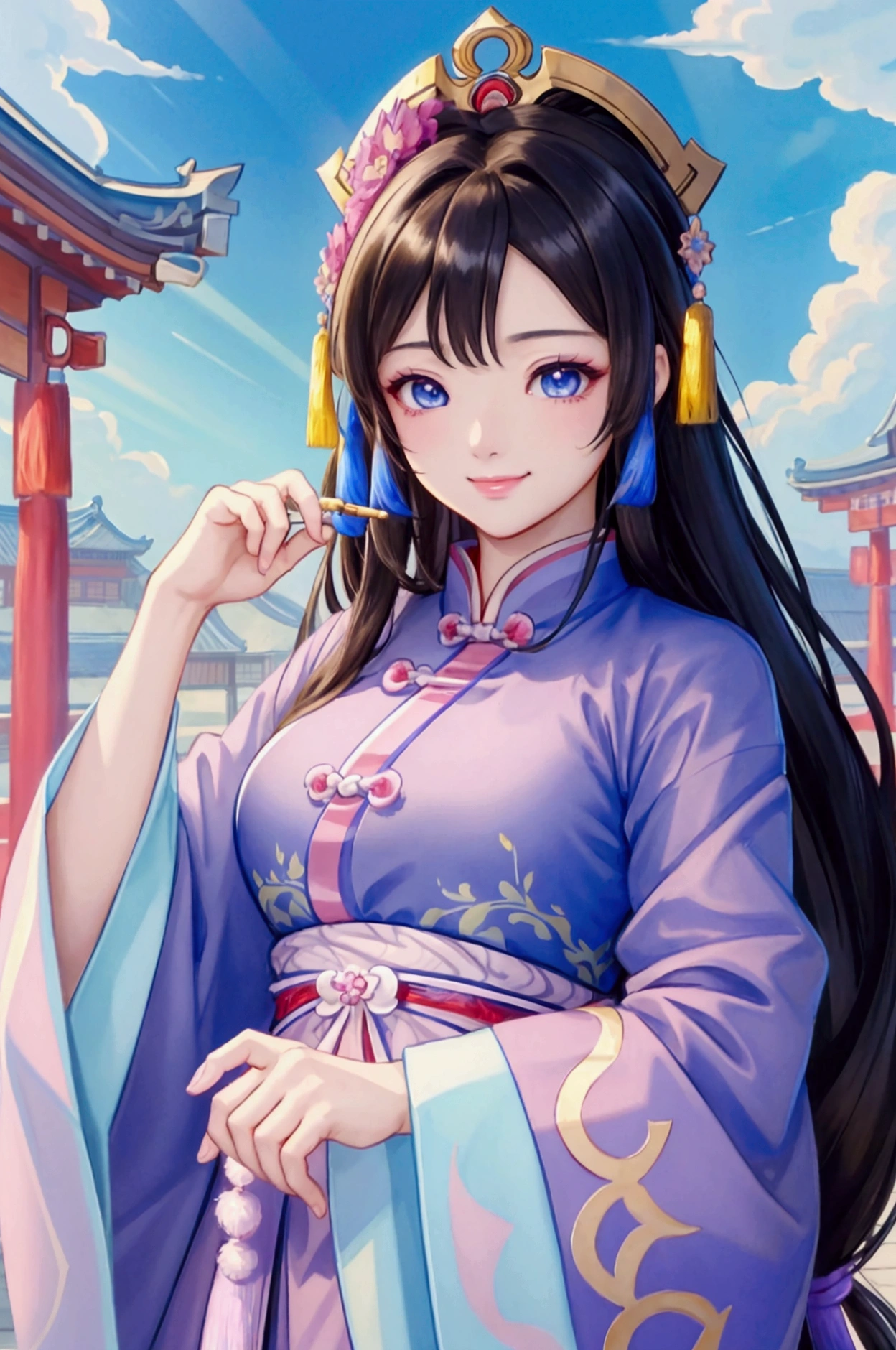 (Highest quality、 8k 、masterpiece、High resolution)、(Chinese Drama、Changgexing、Li Changge、Dililaba)、Tang Dynasty、Changan、1 Female、Beautiful young person、blue eyes、Pretty lips、Hairpin、decoration、(Noble Princess)、(Anime Beauty)、(Anime Art)、Smiling and posing happily、Bright atmosphere、Light colored long hair、Light pink Hanfu、古いChanganの街並み、Tang Dynasty Buildings、Tang Dynasty Buildings、Official Art、Detailed CG、