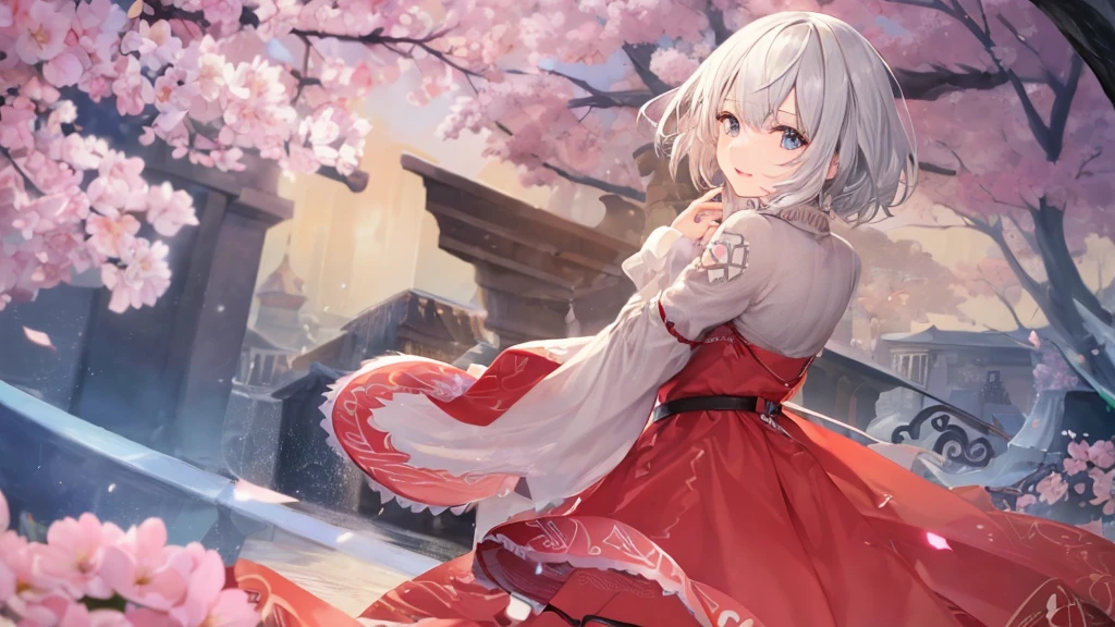 Ultra HD,Look at the viewers, Place your hands behind your back, With a girl, 20-year-old, 非常にshort hair, Long bangs between the eyes, Pale blue eyes, Very detailed,(masterpiece、Highest quality),Gray Hair、Laughter、wonderful, Silver Hair, iris, short hair、 Fluttering Hair、Small face、明るいsmile、(Detailed face) ,Professional Lighting,wonderful風景,blue sky, sunlight,Looking down from above,Portraiture、Open your mouth、Flower Field、Her eyes were shining、Mysterious and enchanting atmosphere。With AI Painting、とてもshort hair, Long bangs between the eyes, Very detailed,(masterpiece、Highest quality)、alone、Gray Hair、Fantasy, Silver Hair, Fantasyな風景、smile、Open your mouth、short hair、short hair、hairpin、black eye、Grey Eyes、Beautiful Eyes、Black Shirt、White hoodie、Hold the sword