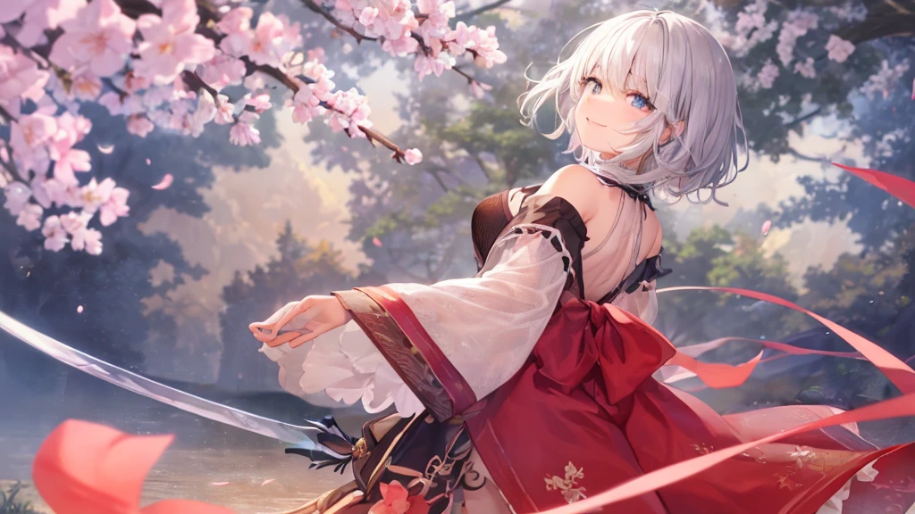 Ultra HD,Look at the viewers, Place your hands behind your back, With a girl, 20-year-old, 非常にshort hair, Long bangs between the eyes, Pale blue eyes, Very detailed,(masterpiece、Highest quality),Gray Hair、Laughter、wonderful, Silver Hair, iris, short hair、 Fluttering Hair、Small face、明るいsmile、(Detailed face) ,Professional Lighting,wonderful風景,blue sky, sunlight,Looking down from above,Portraiture、Open your mouth、Flower Field、Her eyes were shining、Mysterious and enchanting atmosphere。With AI Painting、とてもshort hair, Long bangs between the eyes, Very detailed,(masterpiece、Highest quality)、alone、Gray Hair、Fantasy, Silver Hair, Fantasyな風景、smile、Open your mouth、short hair、short hair、hairpin、black eye、Grey Eyes、Beautiful Eyes、Black Shirt、White hoodie、Hold the sword