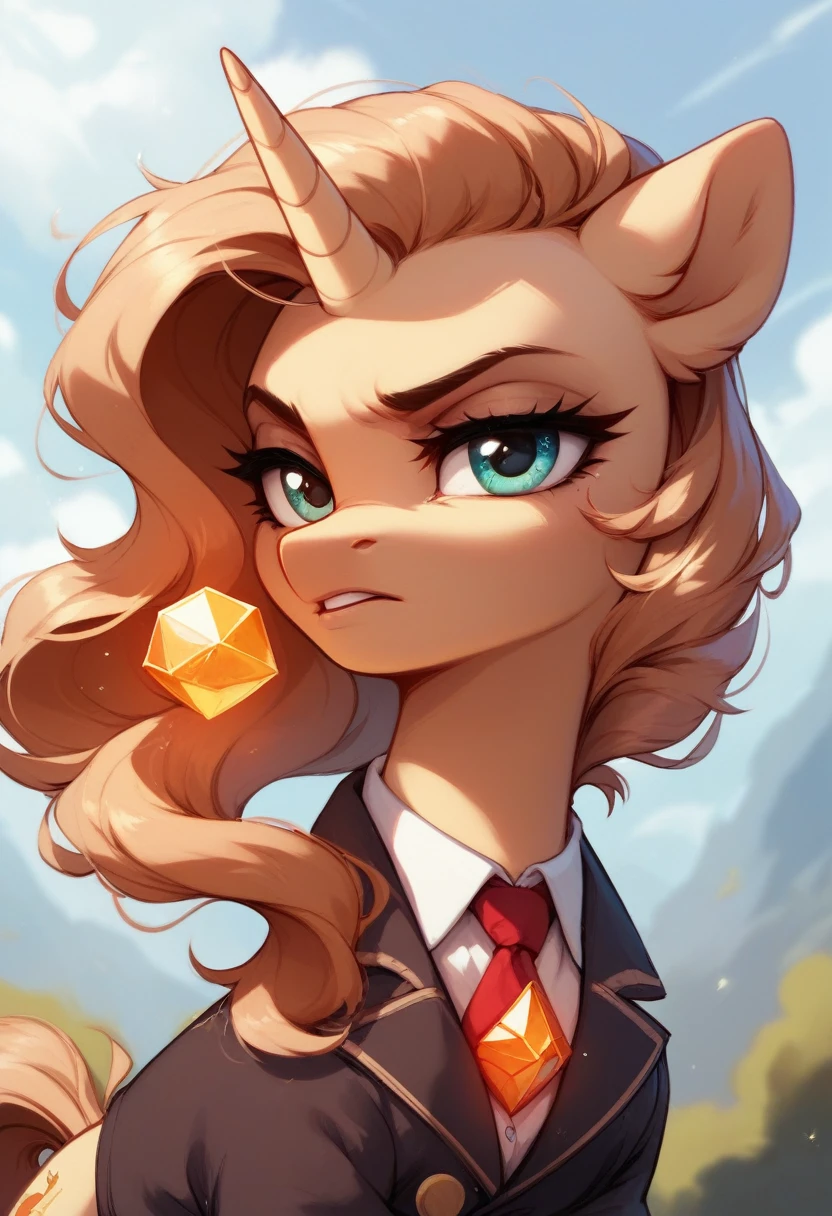 Pony Unicorn a light brownish-orange stallion with light cream mane and tail, and an orange glowing gem on his forehead. SHe appears to glow in the sunlight. A serious face.The battle of two pony