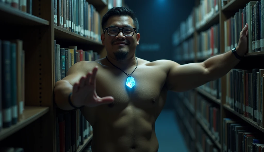 best quality, masterpiece, extremely detailed, masculine, 25 year old muscular bodybuilder indonesian man, wearing glasses, round face with chubby cheeks, (muscular bodybuilder), very cheeky smile, fitted clothes, glowing quartz crystal pendant, leaning against bookshelf, reaching out hand towards camera, in library, afterhours, lights off, at midnight, cinematic shadows, dreamy atmosphere, perfect face, perfect hands, perfection