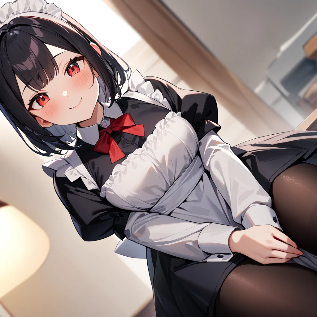 1girl,Solo,cute smile,blackhair,red eyes,purple and red,Maid,black skirt,red bow,black Shiny pantyhose,Large sleeves,masterpiece, best quality, very aesthetic, absurdres,pov Crotch,(hands Between legs:1.5)