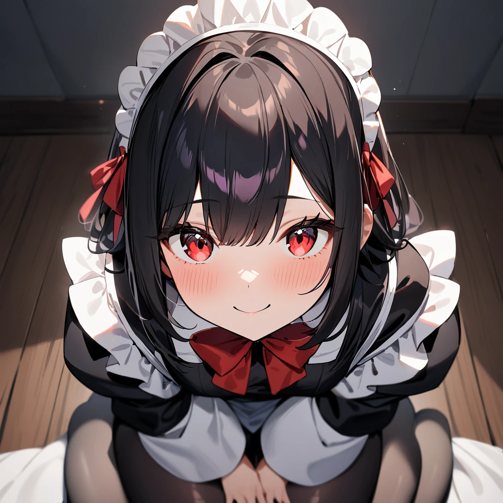 1girl,Solo,cute smile,blackhair,red eyes,purple and red,Maid,black skirt,red bow,black Shiny pantyhose,Large sleeves,masterpiece, best quality, very aesthetic, absurdres,pov Crotch,(hands Between legs:1.5)