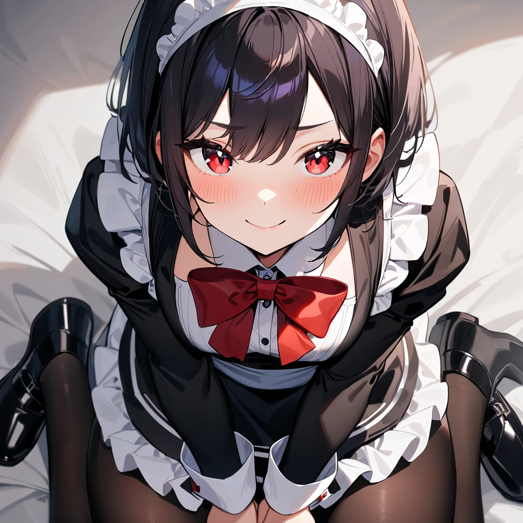 1girl,Solo,cute smile,blackhair,red eyes,purple and red,Maid,black skirt,red bow,black Shiny pantyhose,Large sleeves,masterpiece, best quality, very aesthetic, absurdres,pov Crotch,(hands Between legs:1.5)