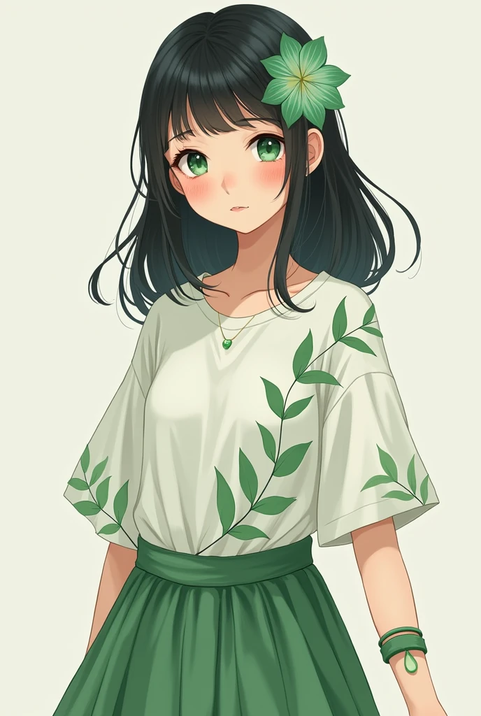 A woman around with mint-colored droopy eyes, a white shirt with green leaves, shoulder-length black hair, an emerald-colored flower hair ornament, a green bracelet, and a long skirt with a wavy pattern