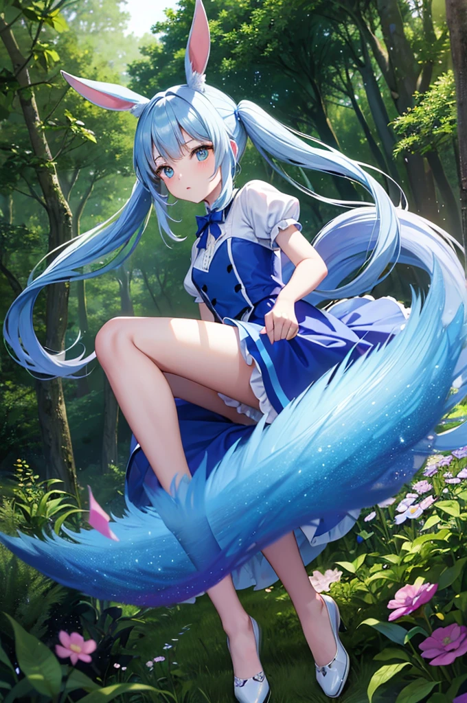 Alice in Wonderland holding playing cards　Trump is dancing　Light blue long hair　beautiful girl with twin tails　Long rabbit ears　Running through the deep forest　dynamic mode　Trump soldiers　A lot of beautiful flowers　Big rabbit　There are a lot of animals in the forest　Trump is flying in the sky