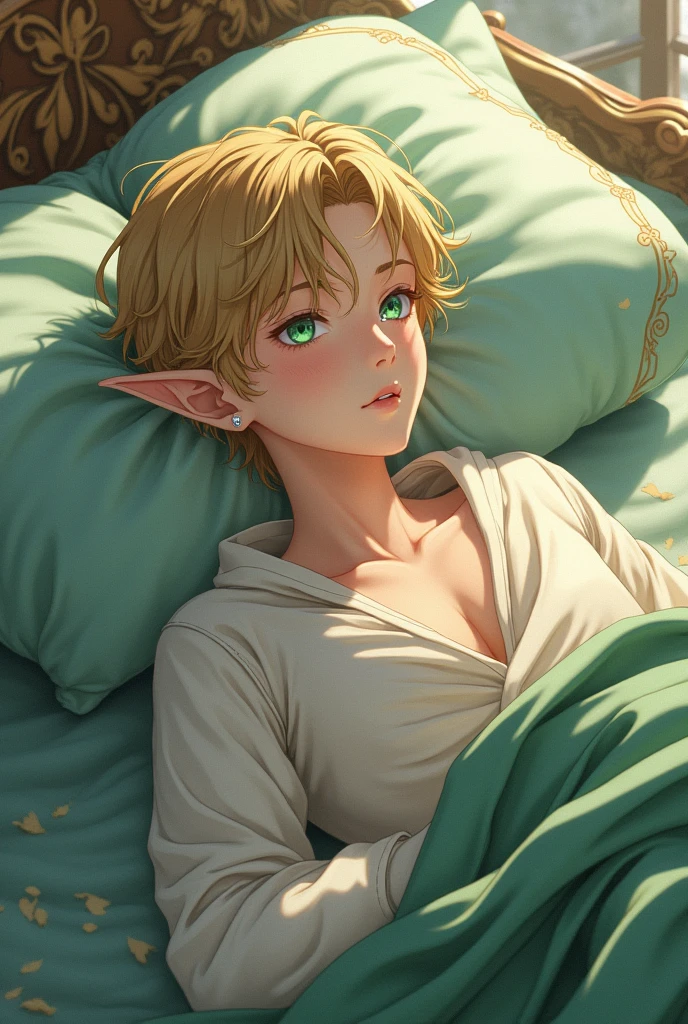 18 year old male elf with golden hair, light sea green eyes white skin , Lean, with earrings in his ears and clothes Lying on a bed .アニメ
