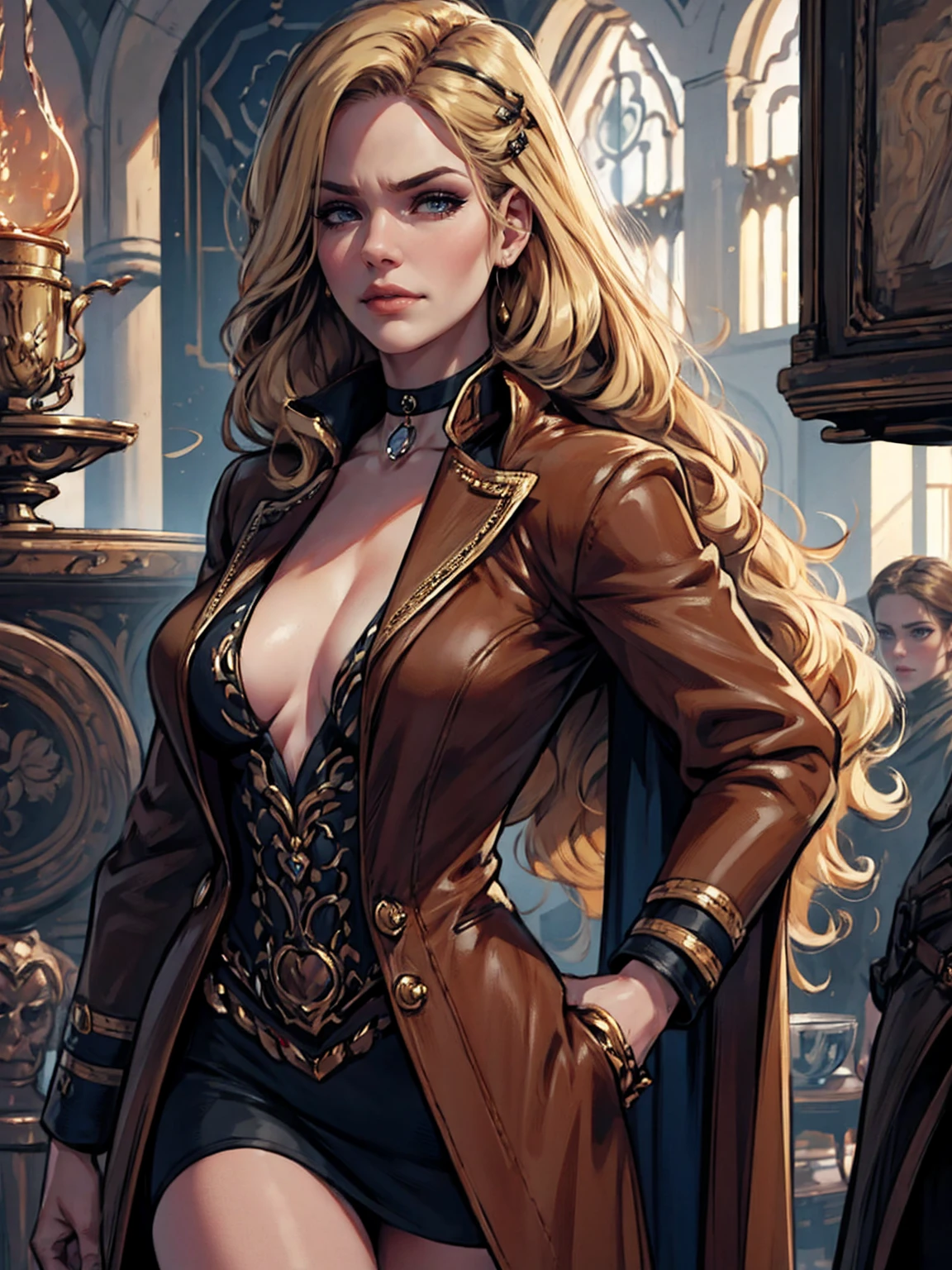 {-erro_de_anatomia:1.0}(Masterpiece - Ultra-Detailed, High Resolution) woman 40 years old, a woman (johanna constantine), wearing a brown overcoat , very long blond hair, curly hair, (blond hair), (dark blue 1 eyes), black choker . Indifferent look , merciless, dinamic poses, egoist smile, angry face, backwards, looking back 