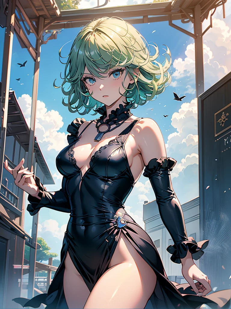 tatsumaki, One punch man,work of art, best qualityer, high qualiy, extremely detaild 8k CG unit wallpaper, (((levitating in the open air, sky, nube, giorno, mar, blue sky, nubey sky, black fitted dress, small, round, perky breasts, thighs showing, jumps, neckleace))), rewarded photography, bokeh, Depth of field, HDR, flowers, Chromatic aberration, photorrealistic, extremely detaild, trend in artstation, tendência na cgsociety, intrikate, high détail, Dramatic, art halfway through the trip
