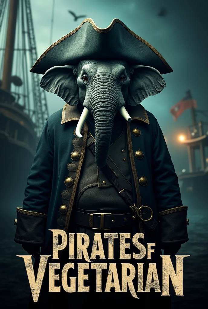 Create a cinematic poster featuring photorealistic portrait of Dressed animals - a ((fat)) elephant pirate, , wearing  pirate costume and  pirate hat , with a serious, intense expression, He should be slightly off-center in the composition, The background should be dark and gritty, pirate's ship with smoky or grunge textures, Use a color scheme of black, deep blues, and dark greens, with subtle silver or gold accents to capture the show's mood, At the bottom of the poster, place the text "PIRATES OF VEGETARIAN" in large, bold, distressed letters, in a sans-serif font. The text should have a cinematic style, with slight shadow or glow effects to make it stand out against the background.