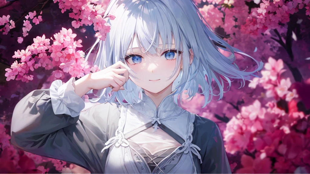 Ultra HD,Look at the viewers, Place your hands behind your back, With a girl, 20-year-old, 非常にshort hair, Long bangs between the eyes, Pale blue eyes, Very detailed,(masterpiece、Highest quality),Gray Hair、Laughter、wonderful, Silver Hair, iris, short hair、 Fluttering Hair、Small face、明るいsmile、(Detailed face) ,Professional Lighting,wonderful風景,blue sky, sunlight,Looking down from above,Portraiture、Open your mouth、Flower Field、Her eyes were shining、Mysterious and enchanting atmosphere。With AI Painting、とてもshort hair, Long bangs between the eyes, Very detailed,(masterpiece、Highest quality)、alone、Gray Hair、Fantasy, Silver Hair, Fantasyな風景、smile、Open your mouth、short hair、short hair、hairpin、black eye、Grey Eyes、Beautiful Eyes、Black Shirt、White hoodie