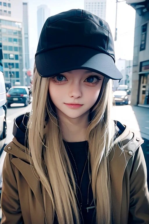RoseRE, solo, hat, 1girl, long hair, realistic, hood, coat, baseball cap, blonde hair, hood down
