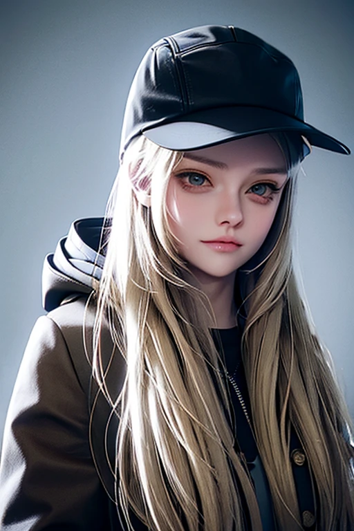 RoseRE, solo, hat, 1girl, long hair, realistic, hood, coat, baseball cap, blonde hair, hood down
