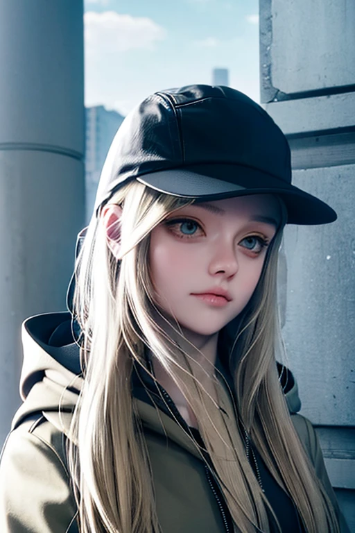 RoseRE, solo, hat, 1girl, long hair, realistic, hood, coat, baseball cap, blonde hair, hood down
