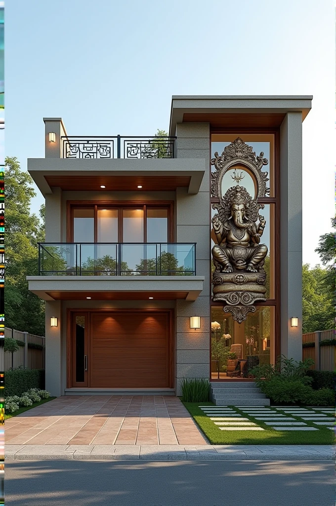 Single floored house fromt elevation with ganesh and mirror 