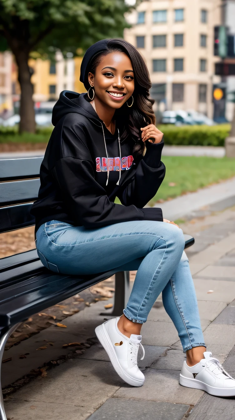 Super Resolution、Beautiful Black Woman、Full body photo、sitting on a park bench、ear piercing、necklace、hoodie、Skinny jeans、sneakers、、smile、Beautiful teeth alignment