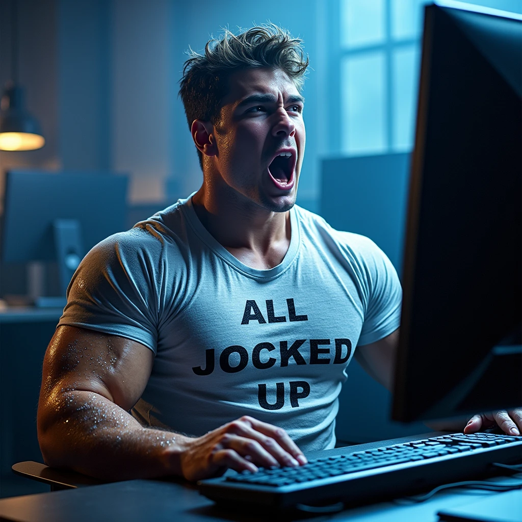 A hyper muscular sweat-soaked male college student wearing a shirt that says ALL JOCKED UP sits in front of a monitor in a dark computer lab at night staring vapidly over the glowing screen shining light on his face as his mouth hangs completely open and he is hypnotized and brainwashed to be a big dumb stereotypical bodybuilder football jock with glowing eyes. Repeating mantras to meet their goal to be big dumb muscular sweaty bodybuilder bros. Saying, "Must be big.... Must be dumb.... Big dumb jock.... I ... must become.... Uhhhhhh ... Huhuh ... I'm all jocked up, bro. Jocks are big. Jocks are dumb. Must be big.... Must be dumb...." Big biceps. Big triceps. Big traps. Broad shoulders. Broad chests. Hyper thick meaty pecs. IQ drain. Hyper bulging crotch. Dumber and dumber. hypnosis. hypnotized. Brainwashing. Brainwashed. mindless. entranced. Enthralled. Meathead. Musclehead. Meatheadosis. Flexing. Photo manipulation. Covered in sweat.